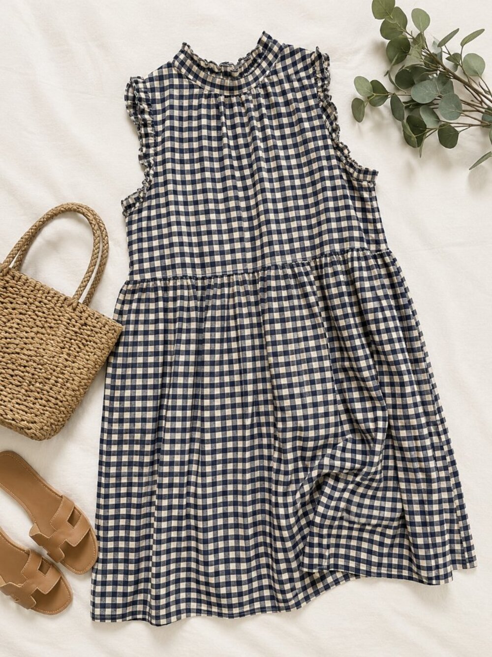 Suzanne Betro Large Navy Gingham Tiered Midi Dress with Pockets 100% cotton